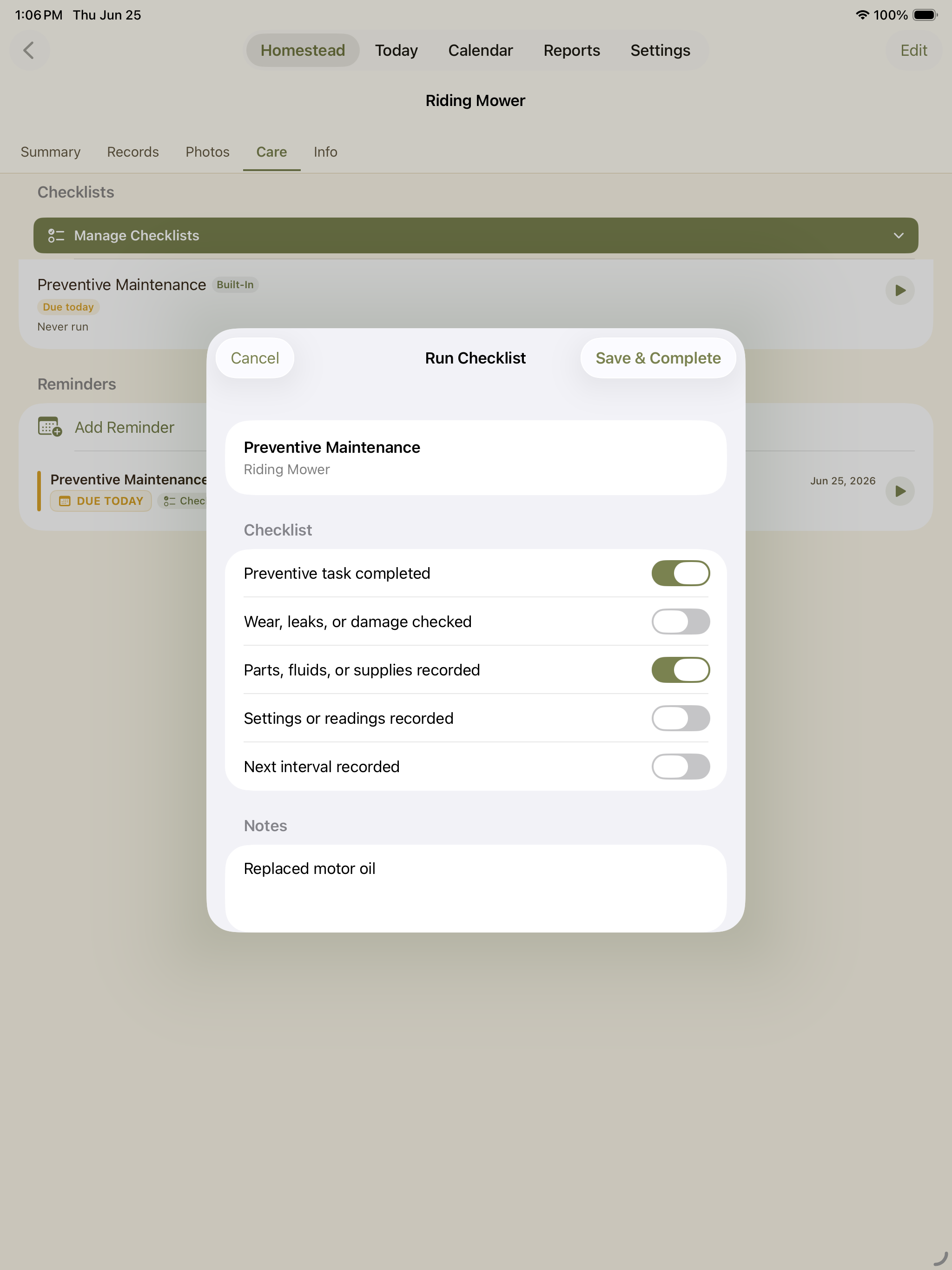Checklist completion sheet with multiple maintenance tasks and toggle controls.